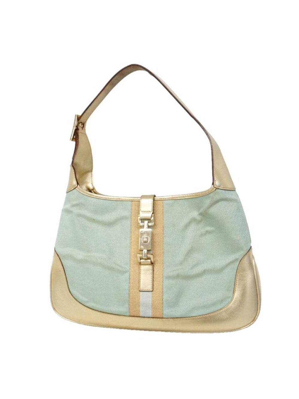 Gucci Shoulder Bag Jackie Nylon Canvas Gold Light Blue Champagne